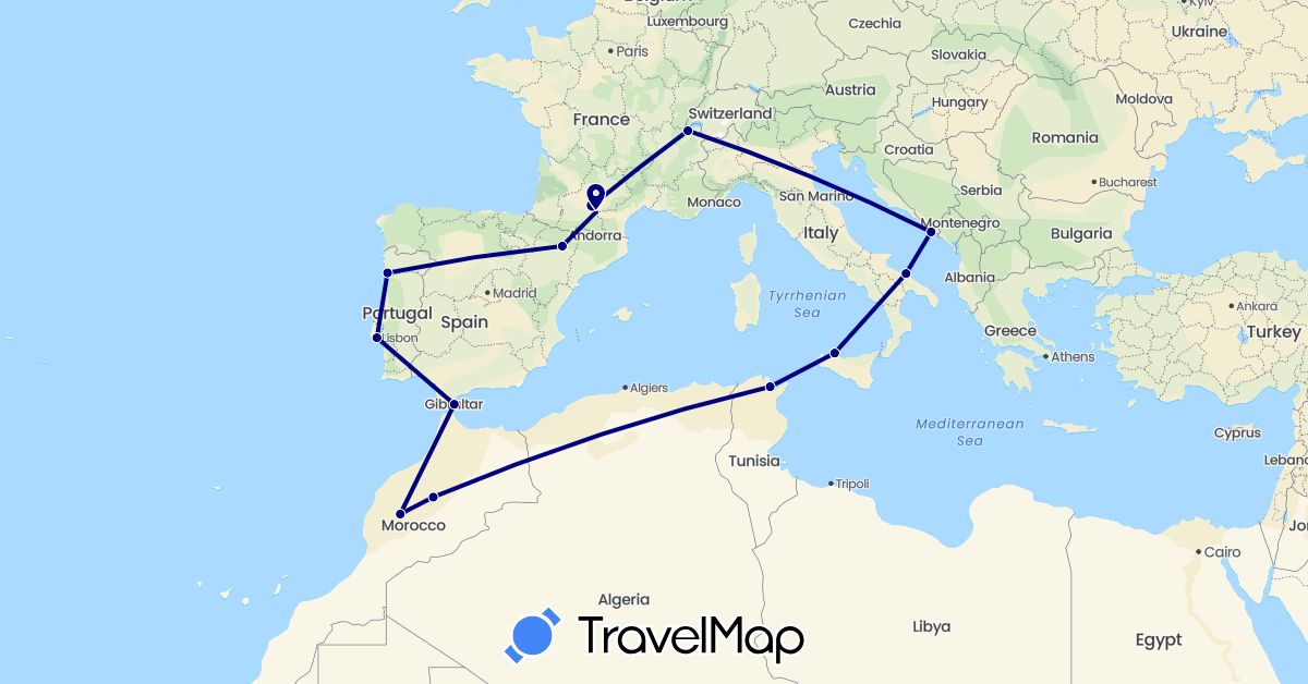 TravelMap itinerary: driving in Switzerland, Spain, France, Gibraltar, Croatia, Italy, Morocco, Portugal, Tunisia (Africa, Europe)